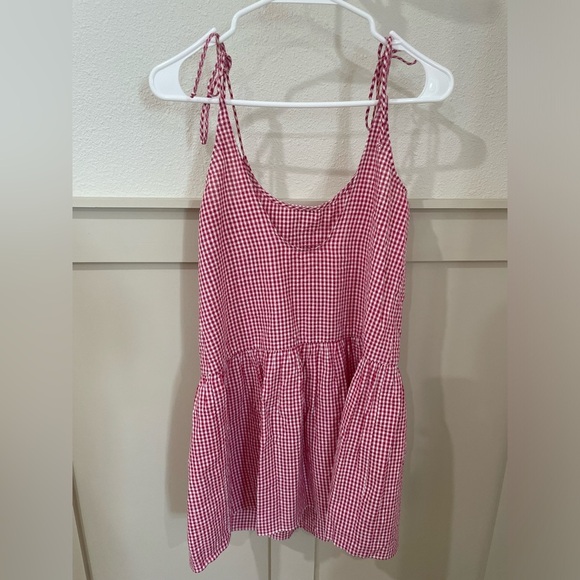 Free People Pink Gingham Mini Dress Bow Tie Straps Size XS 100% Cotton - Picture 8 of 10